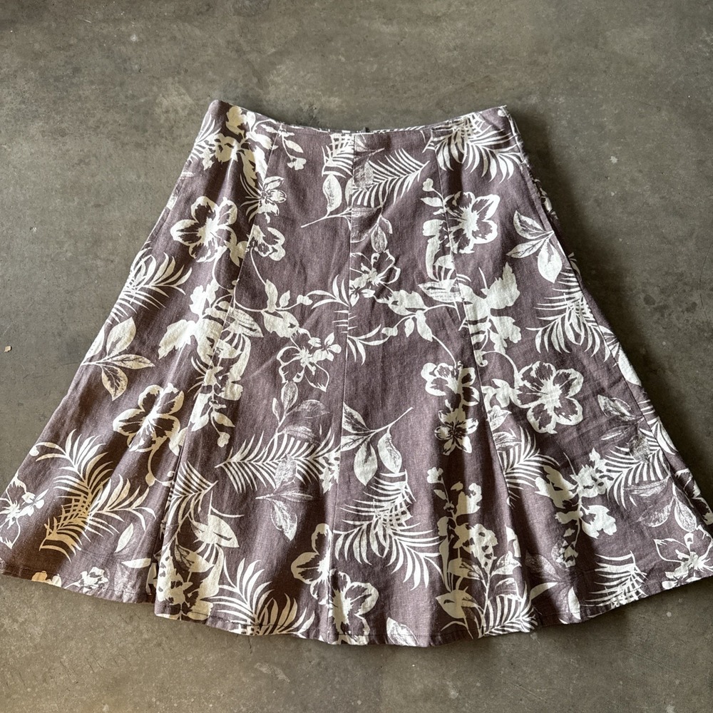 Vtg Chadwicks Womens 4 Brown Floral Lightweight Linen Midi Skirt A Line Flutter
